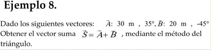 Dado los siguientes vectores: \( \quad \vec{A}: 30 \mathrm{~m}, 35^{\circ}, \vec{B}: 20 \mathrm{~m},-45^{\circ} \) Obtener el