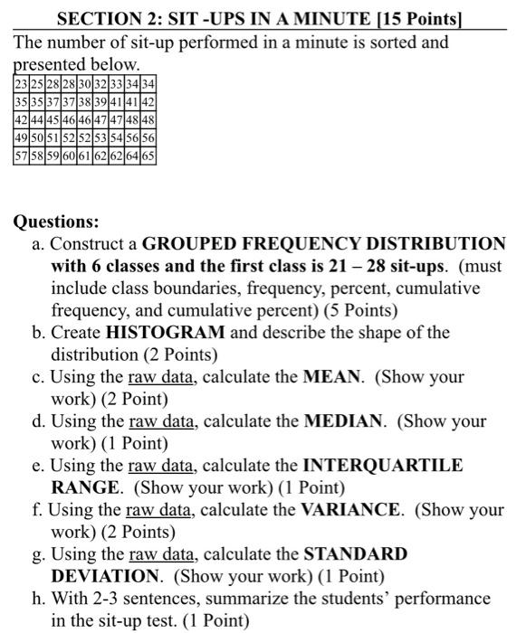 Solved SECTION 2 SIT UPS IN A MINUTE 15 Points The number