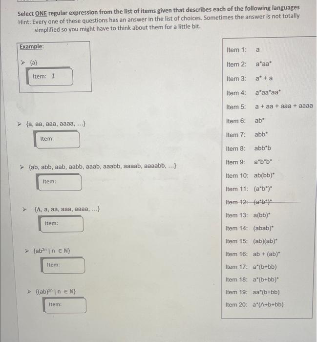 Solved Select ONE Regular Expression From The List Of Items | Chegg.com