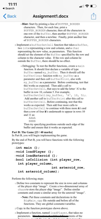 11:11 I Search Back Assignment1.docx - Hint: Start by printing a line of BUFFER_BORDER characters. Then, for each line, print