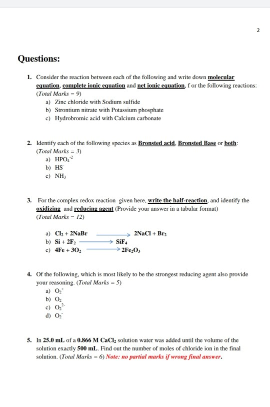Solved Questions: 1. Consider the reaction between each of | Chegg.com