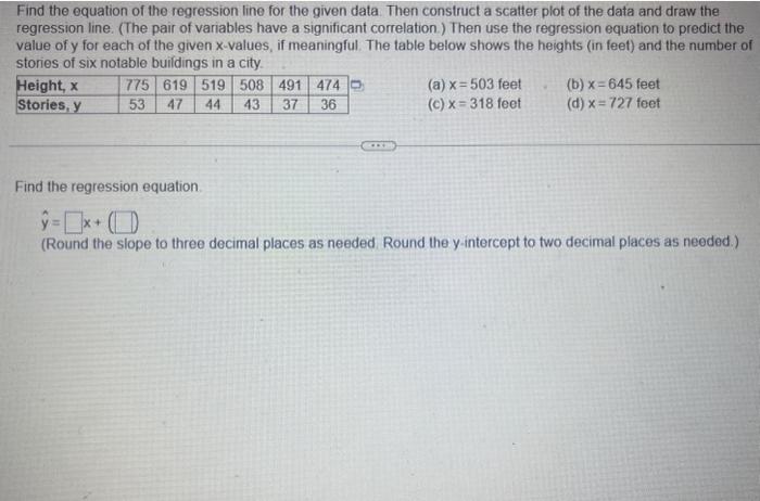 Solved Find the equation of the regression line for the | Chegg.com