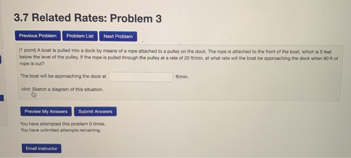 Related Rates Sample Problem Boat Solved 3.7 Related Rates: Problem 3 Previous Problem Problem | Chegg.com