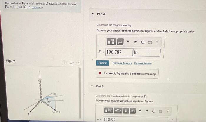 Solved Problem 2.78 The two forces F, and F, acting at A | Chegg.com