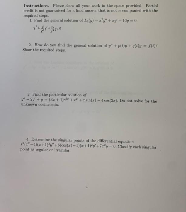 Solved Instructions. Please show all your work in the space | Chegg.com