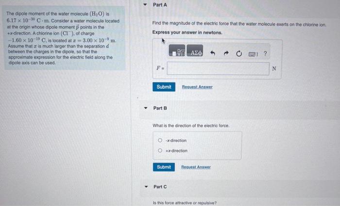 Solved The dipole moment of the water molecule (H2O) is | Chegg.com