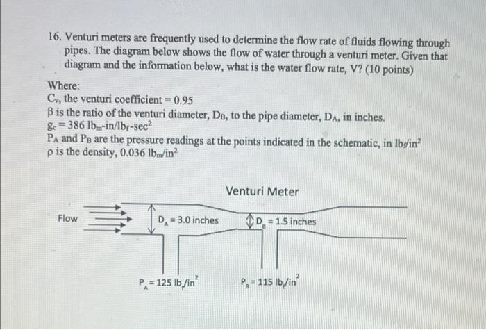 Solved 16. Venturi meters are frequently used to determine | Chegg.com