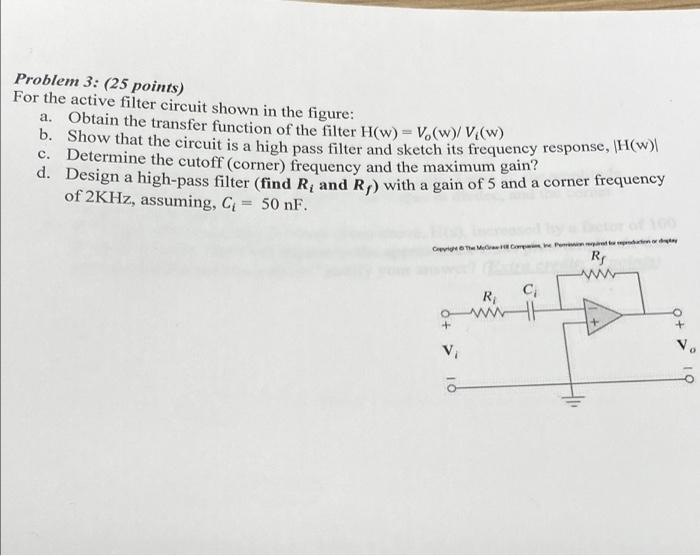 Solved Problem 3: (25 points) For the active filter circuit | Chegg.com