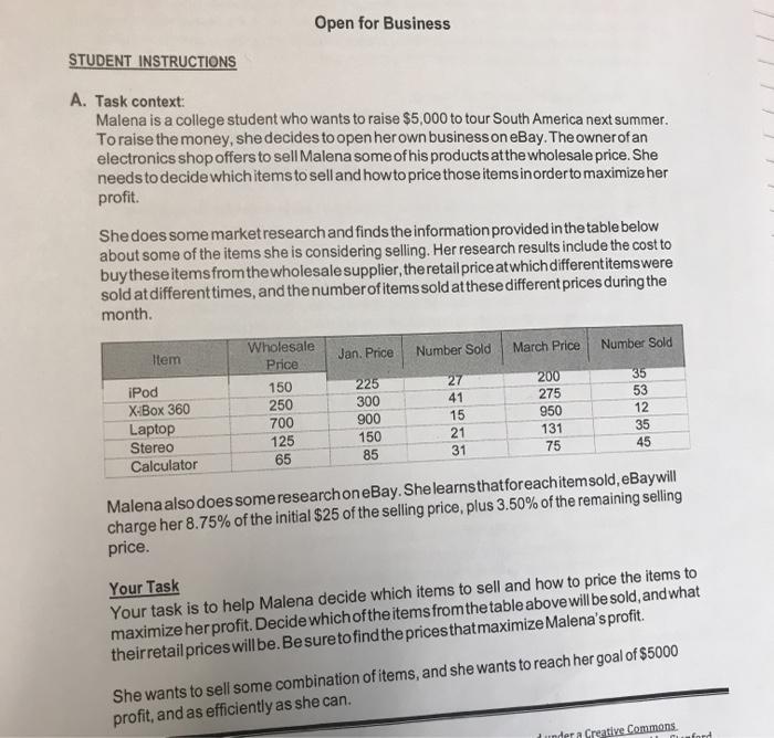 Open for Business STUDENT INSTRUCTIONS A. Task | Chegg.com