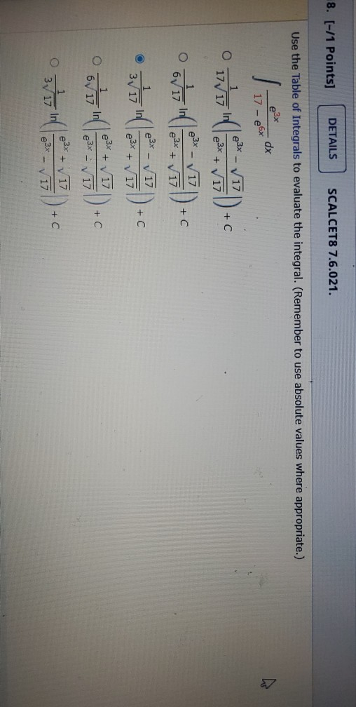 Solved 8. (-/1 Points] DETAILS SCALCET8 7.6.021. Use the | Chegg.com