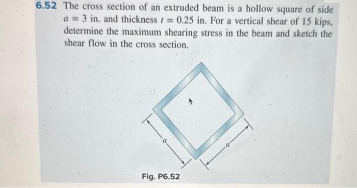 2 The cross section of an extruded beam is a hollow square of side \( a=3 \) in. and thickness \( t=0.25 \) in. For a vertica