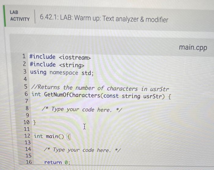Solved 6.42 LAB: Warm up: Text analyzer \& modifier (1) | Chegg.com