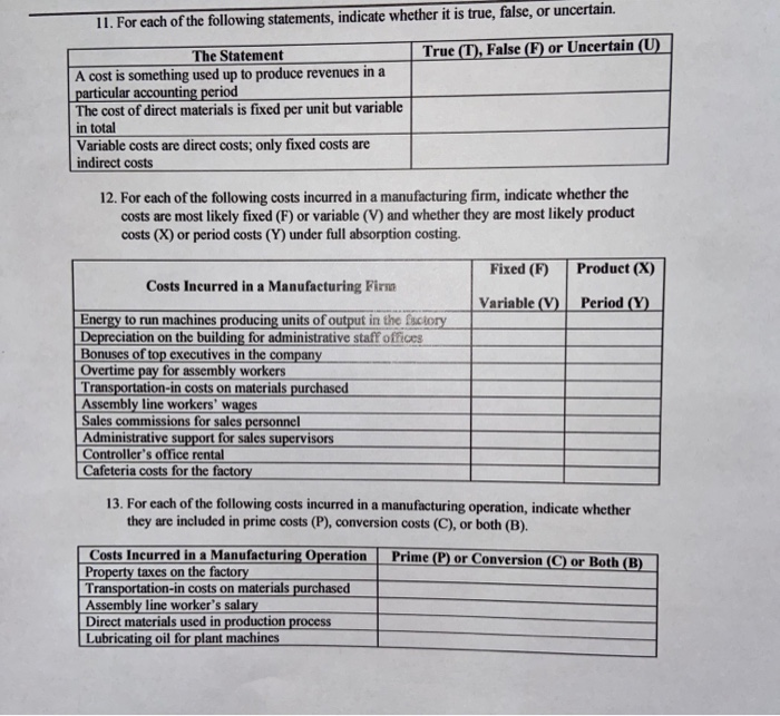Solved 11. For each of the following statements, indicate