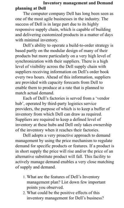 Solved Inventory management and Demand planning at Dell The | Chegg.com