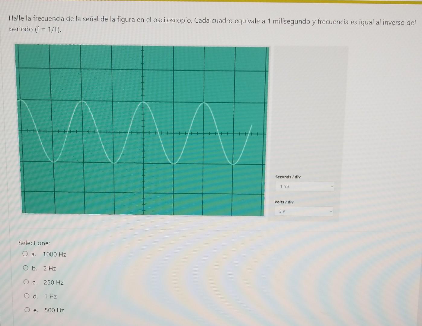 Halle la frecuencia de la señal de la figura en el osciloscopio. Cada cuadro equivale a 1 milisegundo y frecuencia es igual a