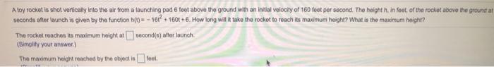 Solved A toy rocket is shot vertically into the air from a | Chegg.com