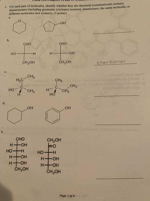 Solved 1. For each pair of molecules, identify whether they | Chegg.com