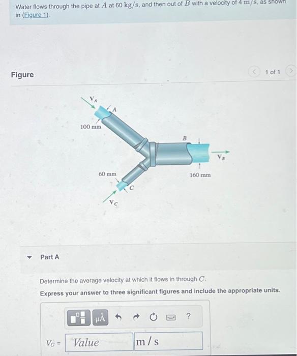 Solved Water flows through the pipe at A at 60 kg/s, and | Chegg.com