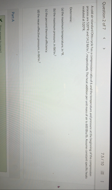 Solved Question 2 of 77.5 / 10A cold air-standard Otto | Chegg.com