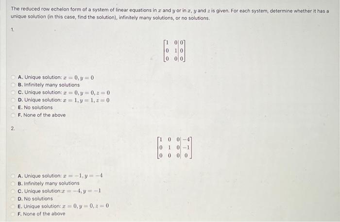 Solved The reduced row echelon form of a system of linear | Chegg.com