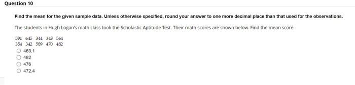 Solved Find the mean for the given sample data. Unless | Chegg.com