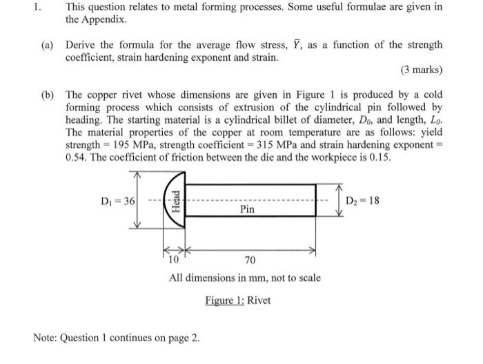 Solved 1. This question relates to metal forming processes. | Chegg.com