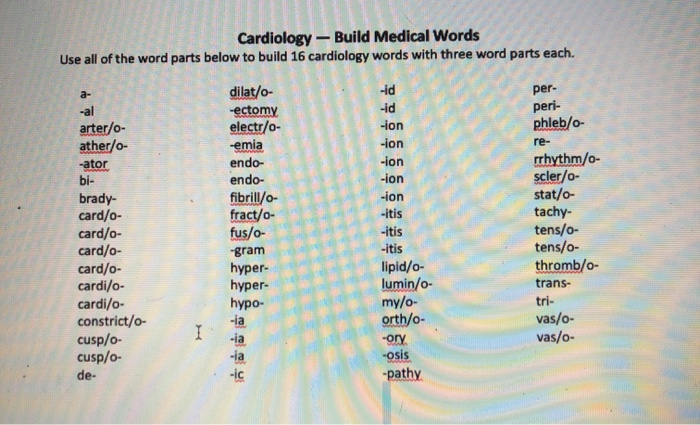 Solved Cardiology - Build Medical Words Use all of the word | Chegg.com