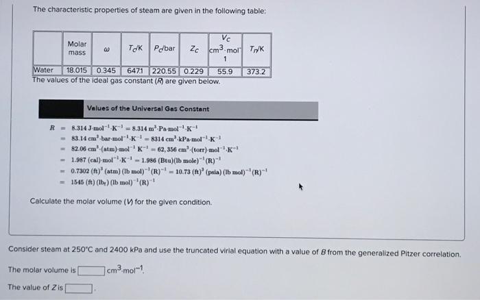 The characteristic properties of steam are given in | Chegg.com