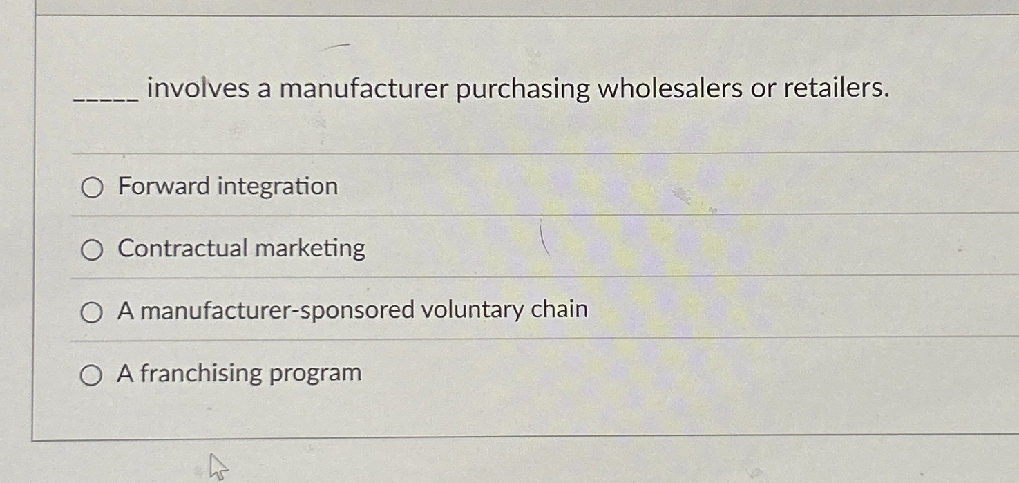 Solved q, ﻿involves a manufacturer purchasing wholesalers or | Chegg.com
