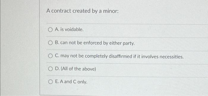 Solved A Contract Created By A Minor: A. Is Voidable. B. Can | Chegg.com