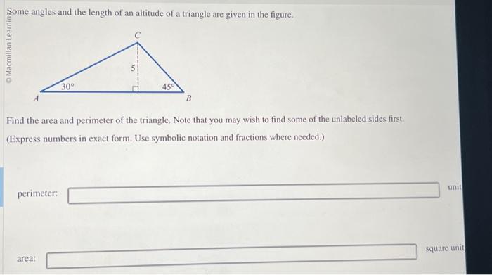 Solved Some angles and the length of an altitude of a | Chegg.com