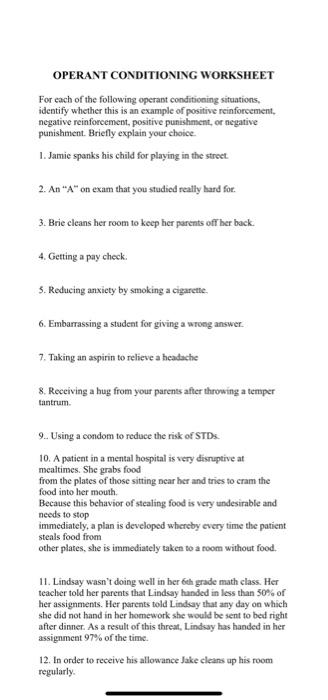 operant conditioning worksheet