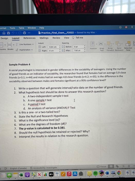 Solved Sample Problem 4 A social psychologist is interested | Chegg.com