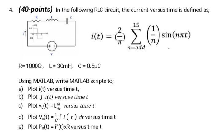 Solved 4. (40-points) In the following RLC circuit, the | Chegg.com