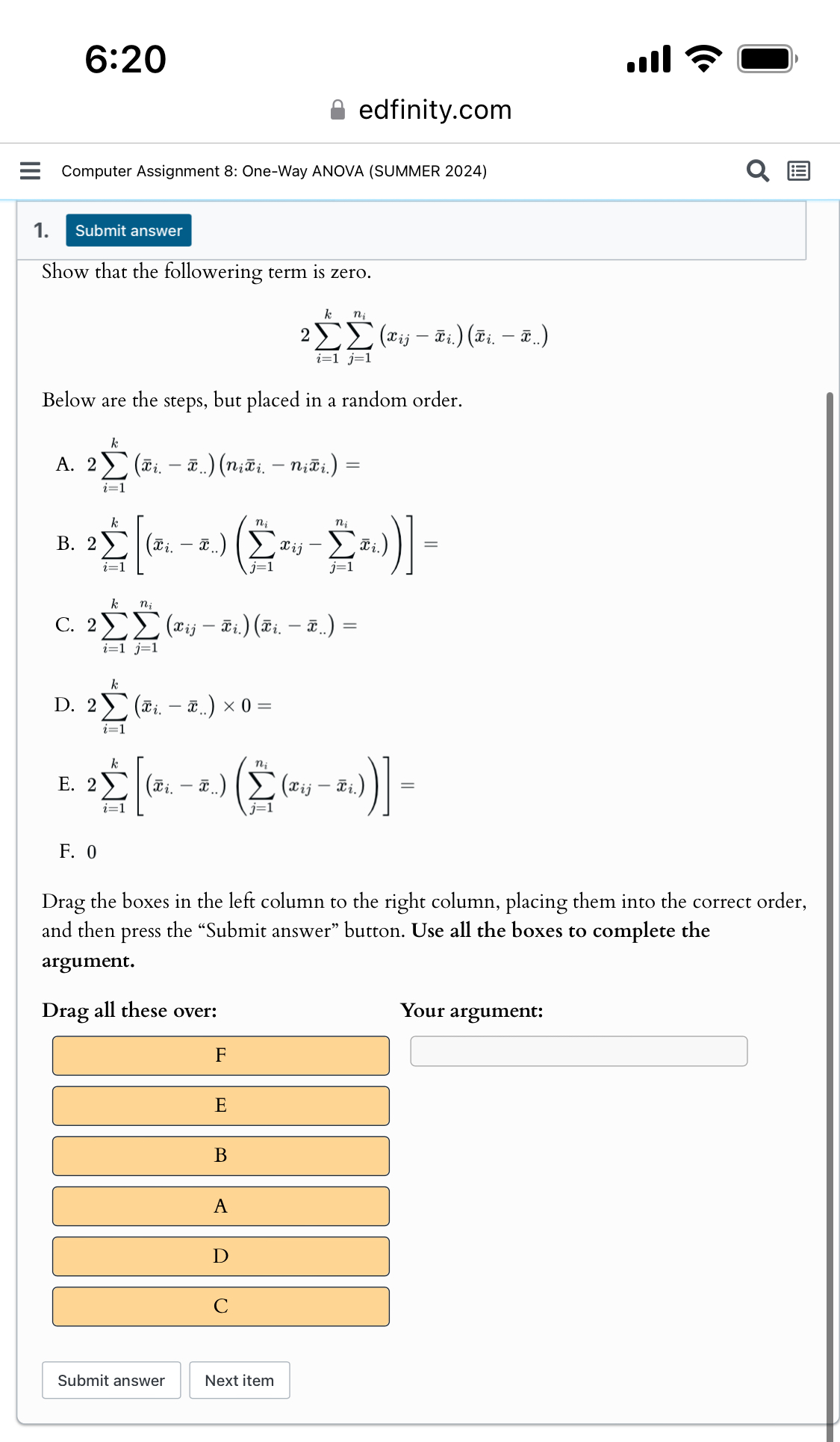 Solved 6:20edfinity.comComputer Assignment 8: One-Way ANOVA | Chegg.com