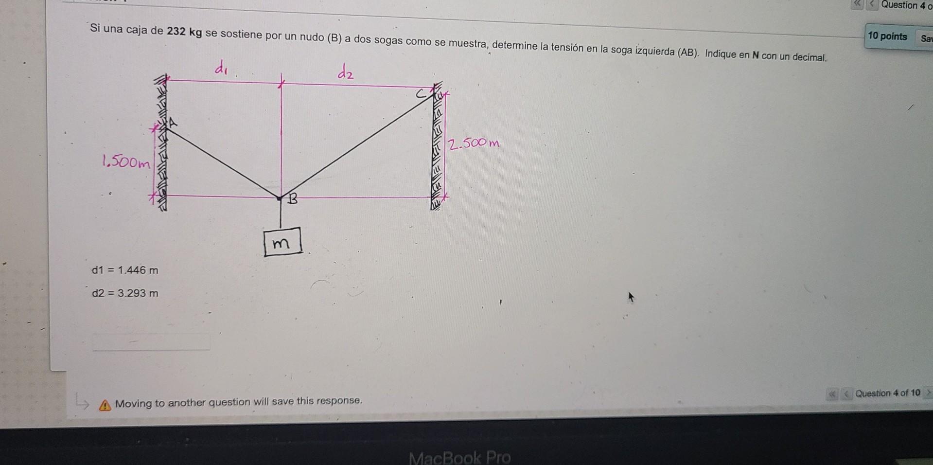 Si una caja de \( 232 \mathrm{~kg} \) se sostiene por un nudo (B) a dos sogas como se muestra, determine la tensión en la sog