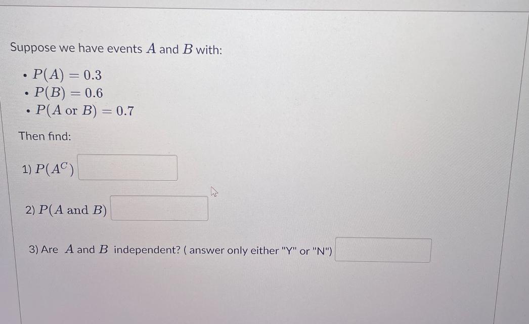 Solved Suppose We Have Events A And B ﻿with:P(A)=0.3P(B)=0.6 | Chegg.com