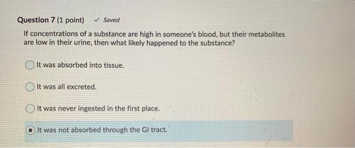 Question 7 (1 point) ✓ Saved If concentrations of a substance are high in someones blood, but their metabolites are low in t