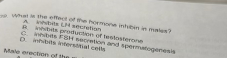 Solved What is the effect of the hormone inhibin in males?A. | Chegg.com
