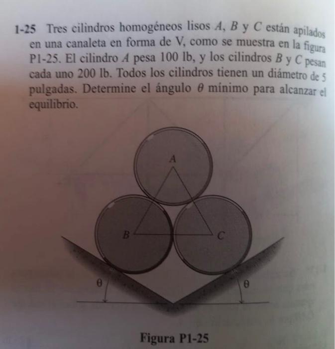 1-25 Tres cilindros homogéneos lisos \( A, B \) y \( C \) están apilados en una canaleta en forma de \( \mathrm{V} \), como s