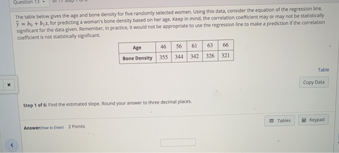 Solved Question 13 - The table below gives the age and bone | Chegg.com