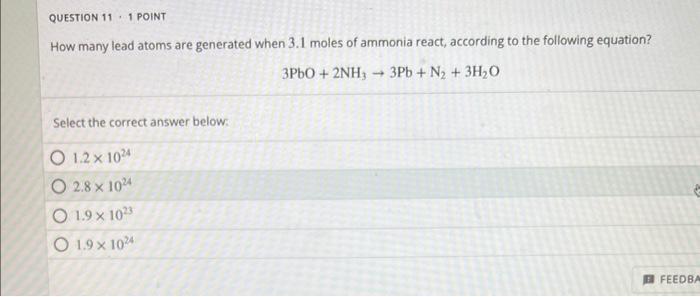 How many lead atoms are generated when \( 3.1 \) moles of ammonia react, according to the following equation?
\[
3 \mathrm{Pb