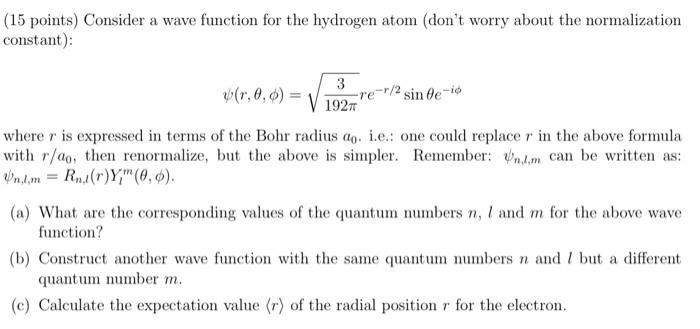 Solved (15 points) Consider a wave function for the hydrogen | Chegg.com