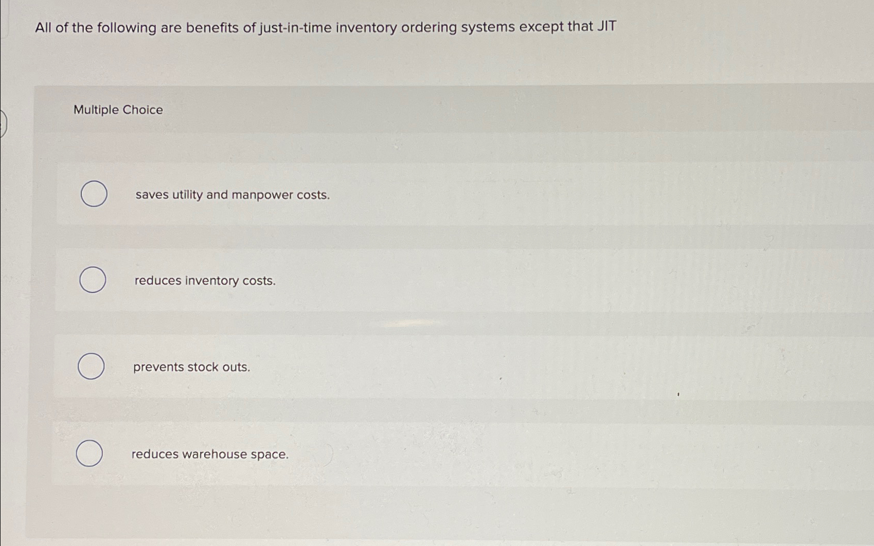 Solved all of the following are benefits of just in time chegg
