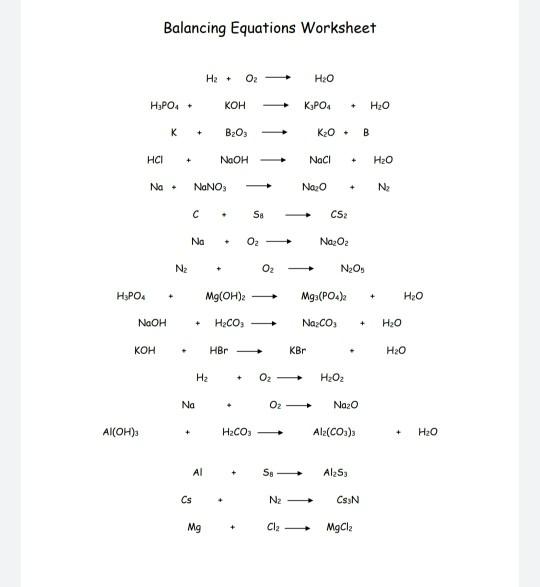 Balancing Equations Worksheet H2 O2 H2o H3po4 Chegg 