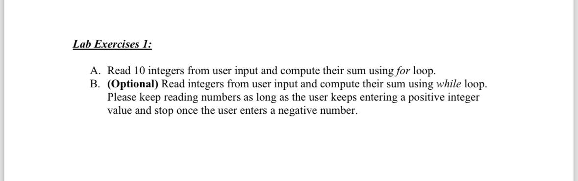 Solved Lab Exercises 1: ?()A. ﻿Read 10 ﻿integers from user | Chegg.com