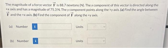 The magnitude of a force vector \( \overrightarrow{\mathbf{F}} \) is 88.7 newtons \( (\mathrm{N}) \). The \( x \) component o