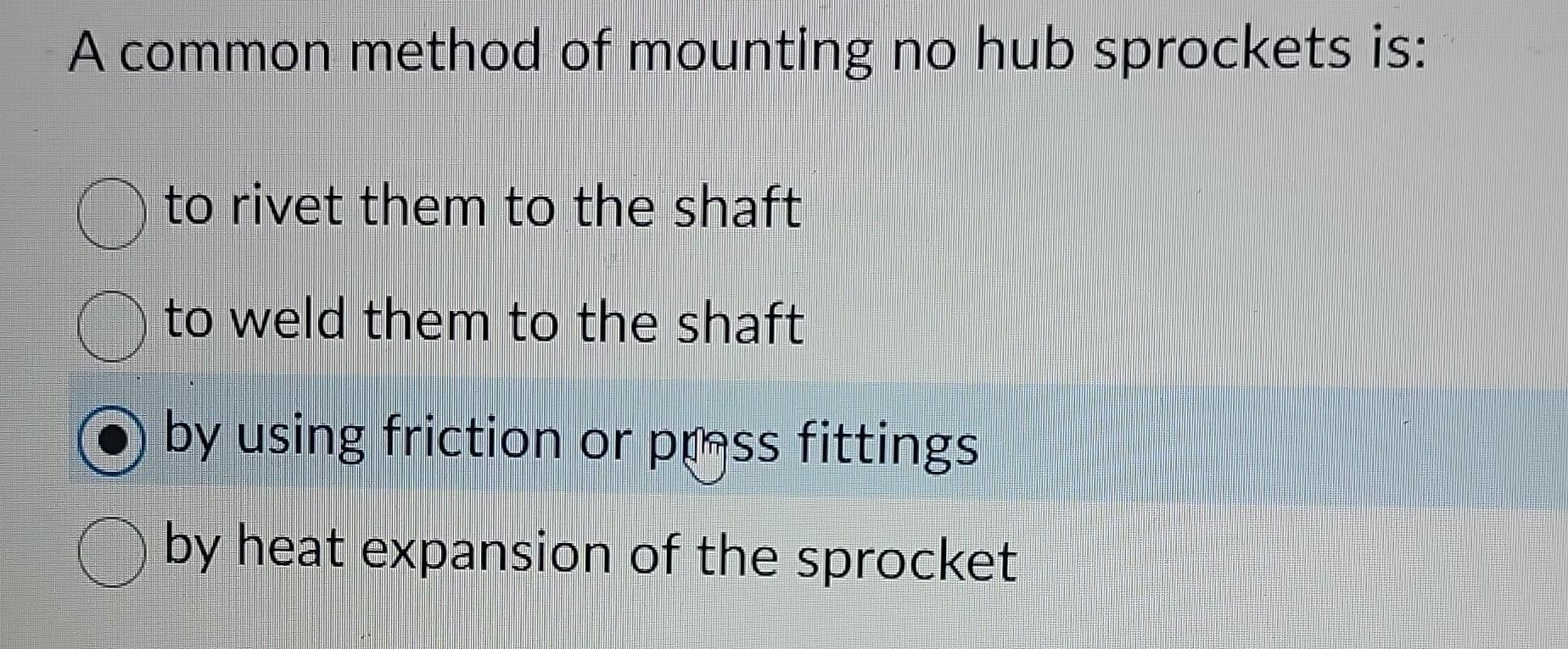 A common method of mounting no hub sprockets is to