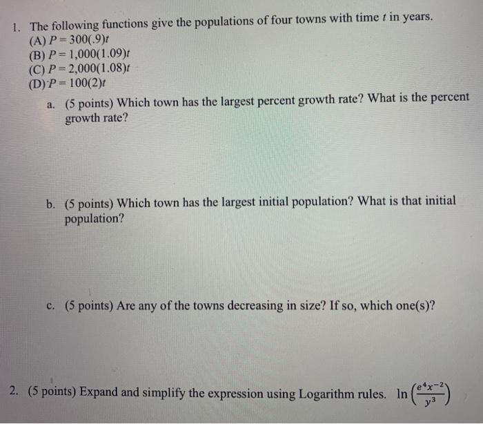 Solved 1. The following functions give the populations of | Chegg.com