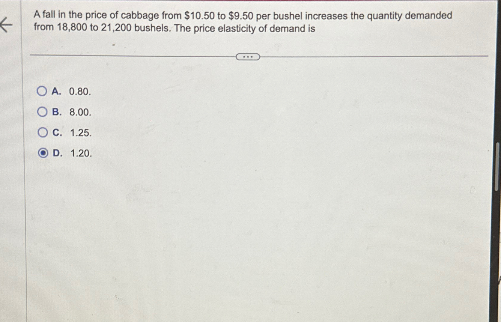 Solved A fall in the price of cabbage from $10.50 ﻿to $9.50 | Chegg.com
